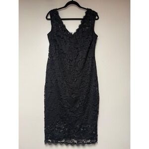 Marina Floral Lace Sheath Dress Womens Size Large Black Excellent V-Neck 8938